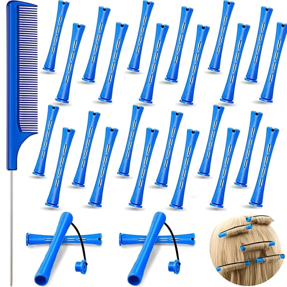 Chuangdi 24 Pcs Hair Perm Rods Plastic Cold Wave Perming Curlers Rollers with Steel Pintail Comb Rat Tail Tools for Hairdressing Styling(Blue,0.35 Inches)
