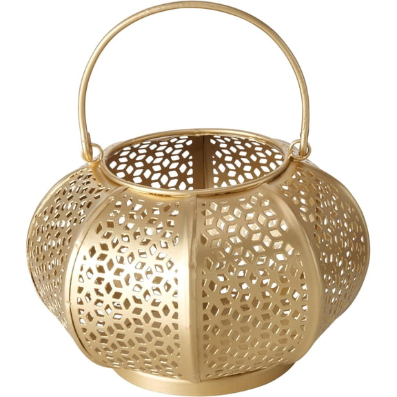 Chubby Belly Candle Lantern, Moroccan, Metal, Daisy Lattice Work, Hurricane for Votives and Tea lights, Gold, 6.25 D x 4.25 H Inches