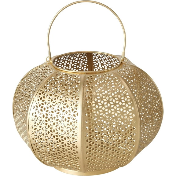 Chubby Belly Candle Lantern, Moroccan, Metal, Daisy Lattice Work, Hurricane for Votives and Tea lights, Gold, 9 D x 7 H Inches
