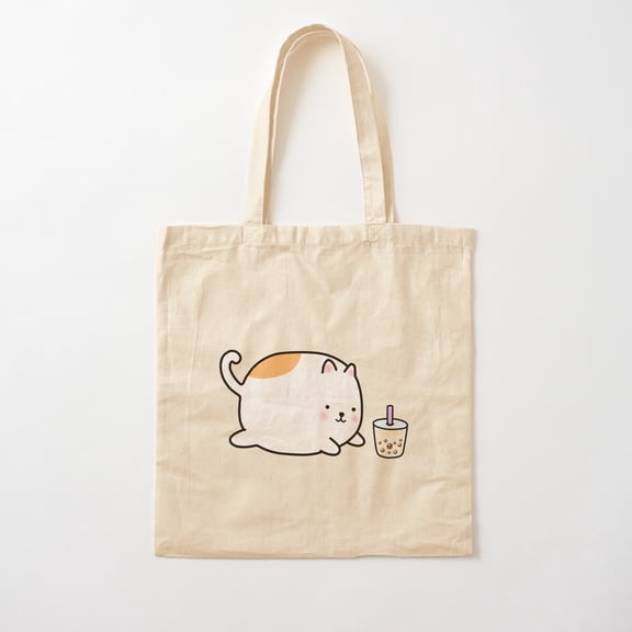 Chubby Boba Cat Canvas Tote Bags, Reusable Shopping Bag