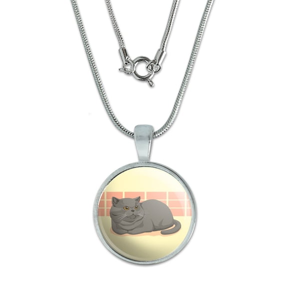 Chubby British Short Hair Grey Cat 0.75" Pendant with Sterling Silver Plated Chain