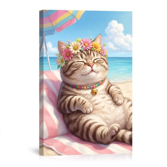 Chubby Cat Beach Art Happy Kitty Flower Crown Feline Relaxing Pet Sunshine Aesthetic Canvas