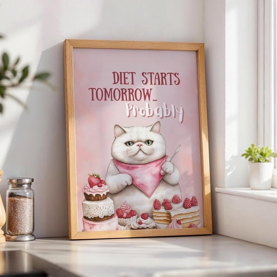Chubby Cat Dessert Art Print Pink Wall Decor Cute Cat with Cakes ...
