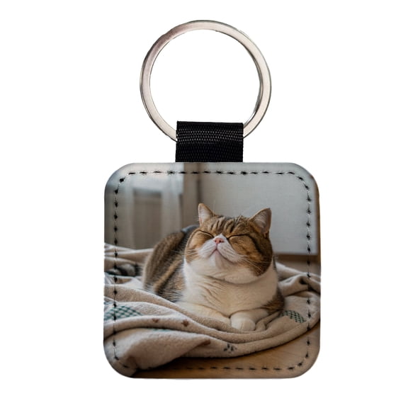 Chubby Cat Lying Down Cute Faux Leather Square Keychain