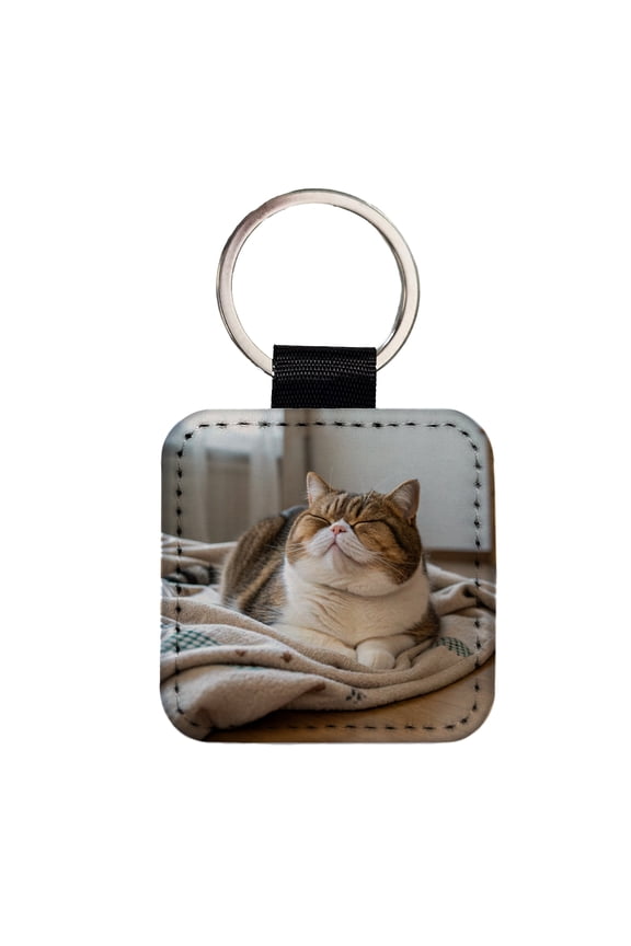 Chubby Cat Lying Down Cute Faux Leather Square Keychain