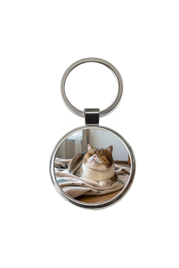 Chubby Cat Lying Down Cute Metal Round Keychain