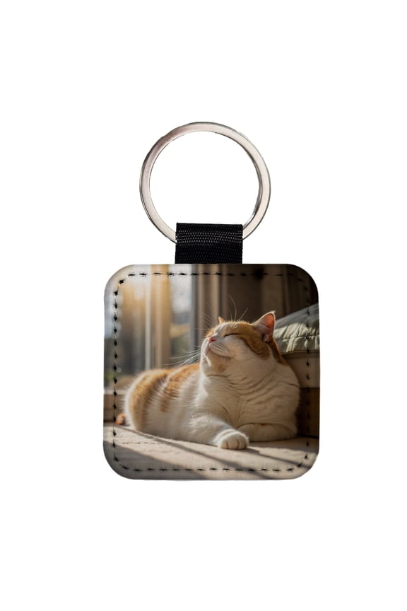 Chubby Cat Lying Down Photo Faux Leather Square Keychain