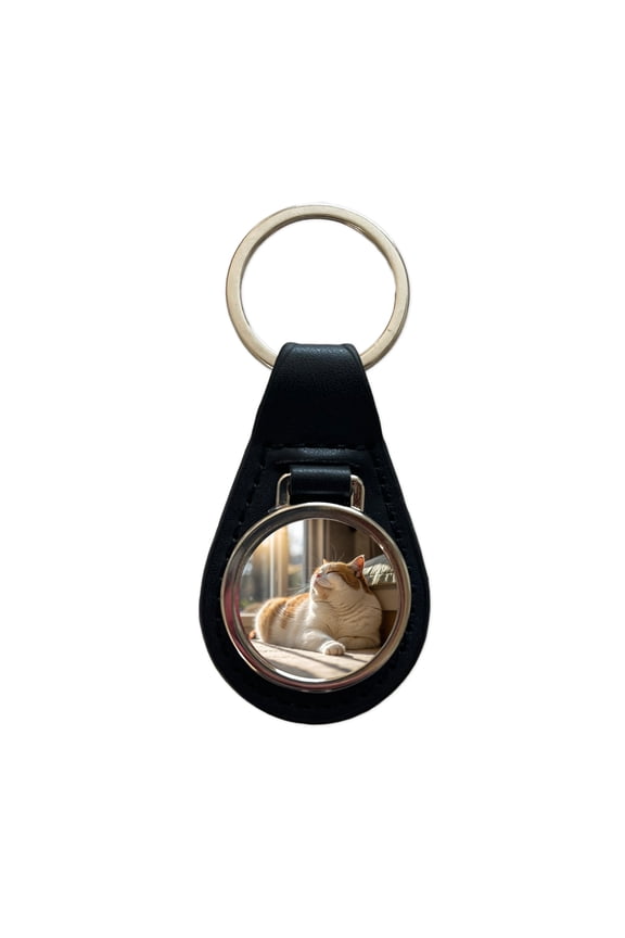Chubby Cat Lying Down Photo Metal Black Leather Keychain