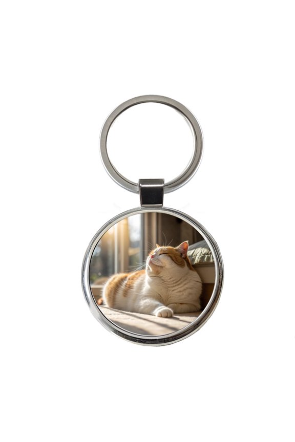 Chubby Cat Lying Down Photo Metal Round Keychain