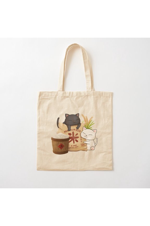 Chubby Cat Rice Lover Canvas Tote Bags, Reusable Shopping Bag