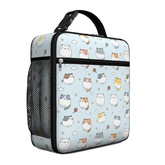 Chubby Cat and Yarn Blue Pattern Insulated Lunch Bag Teens,Lunch Box for Men Women for Work,Picnic or Travel,10.2x9.5x4.3 Inches,8 Can Capacity