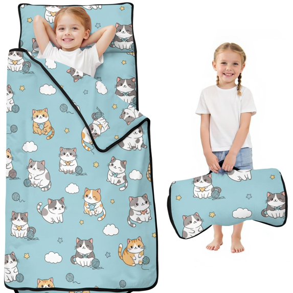 Chubby Cat and Yarn Blue Pattern Teens Toddler Nap Mat with Pillow, Sleeping Mat Bag for Preschool Daycare 50"x20"