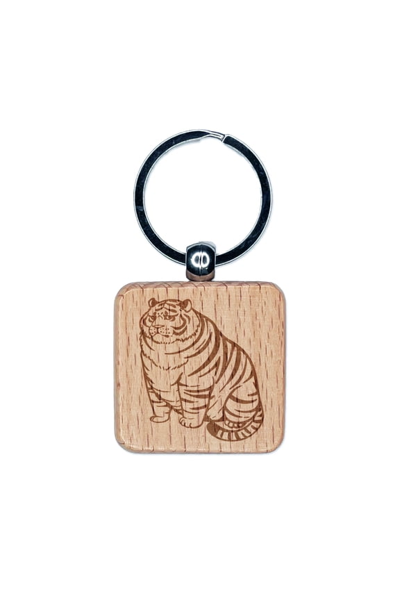 Chubby Fat Tiger Square Keychain Charm Tag - Engraved Wood