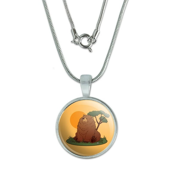 Chubby Grizzly Bear 0.75" Pendant with Sterling Silver Plated Chain