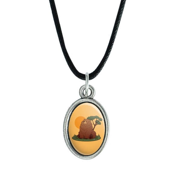 Chubby Grizzly Bear Antiqued Oval Charm Pendant with Black Satin Cord