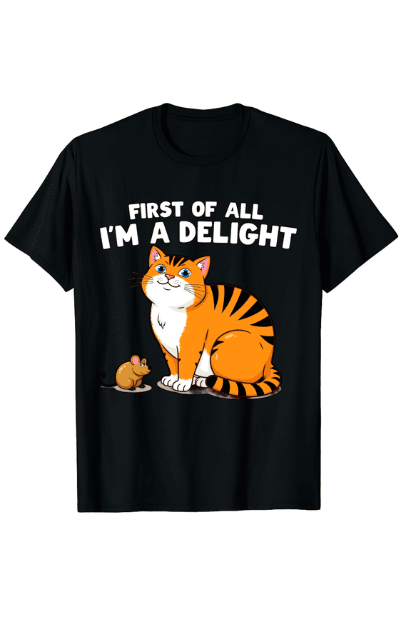 Chubby Orange Cat Sarcastic First Of All Im A Delight Funny Men Women Short Sleeve Graphic T-Shirt, Daily Wear