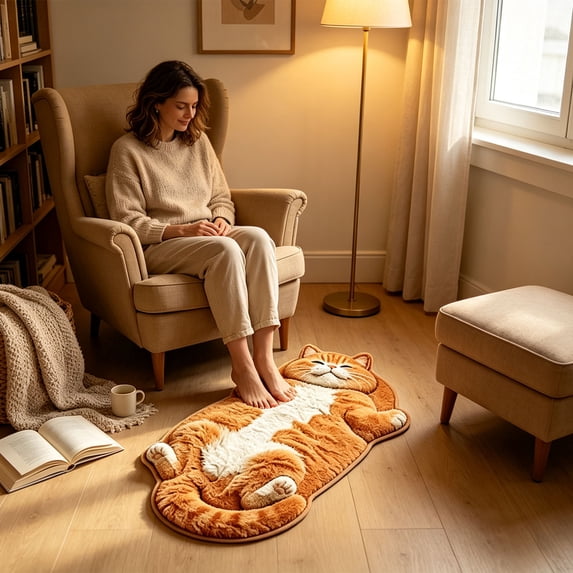 Orange Tabby Cat Shaped Area Rug Soft Plush Velvet Sleeping Kitty Mat For Bedroom Bedside Entryway Cozy Decor Funny Gift For Cat Lovers (40x60cm)