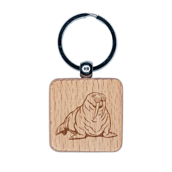 Chubby Pacific Walrus Square Keychain Charm Tag - Engraved Wood