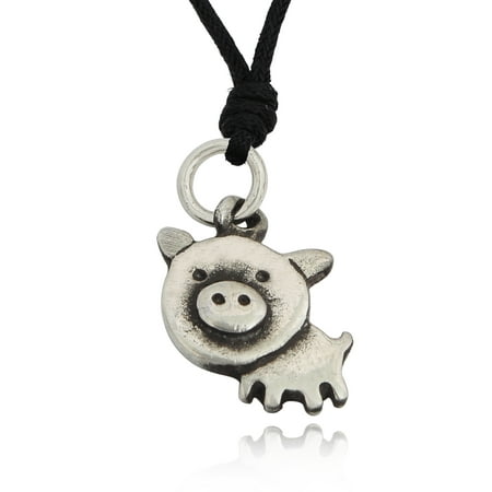 Chubby Pig Silver Pewter Charm Necklace Pendant Jewelry With Cotton Cord