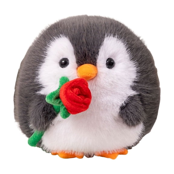 Chubby Plush Penguin Stuffed Animal With Rose, Soft Cuddly Plush Toy For Teens & S, Cute Round Plushie Decor For Shelves, Desktop & Bedroom, Stuffed Penguin Plush For Gifting