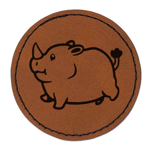 Chubby Round Rhino 2.5" Faux Leather Round Engraved Iron-On Patch - Brown