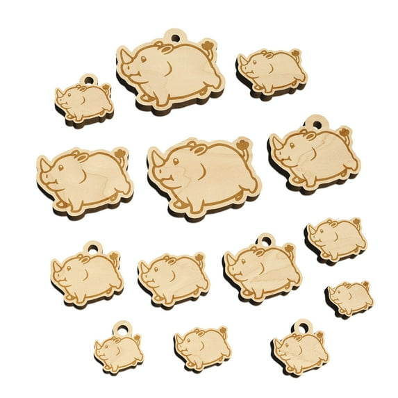 Chubby Round Rhino Wood Mini Charms Shapes DIY Craft Jewelry - No Hole - Various Sizes (16pcs)