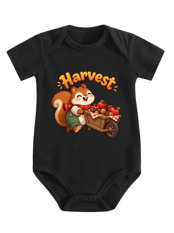 Chubby Squirrel Acorn Harvest Cart Baby Bodysuit, 100% Cotton Short Sleeve Snap Romper, 0-12 Months