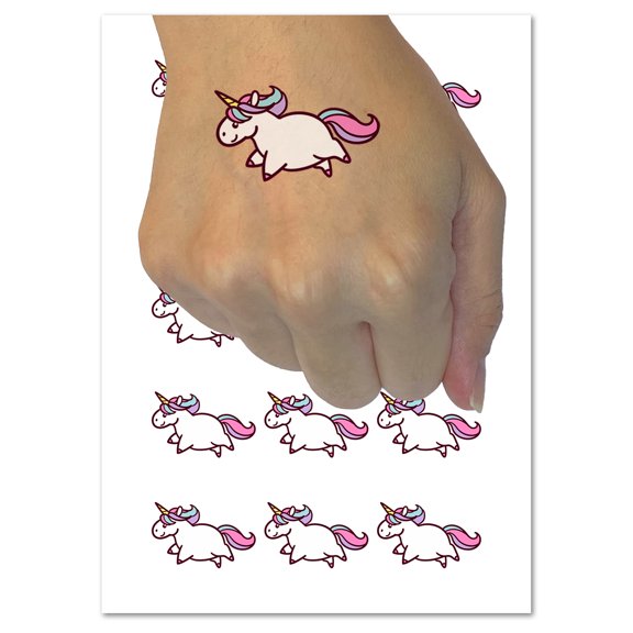 Chubby Unicorn Running Water Resistant Temporary Tattoo Set Fake Body Art Collection - 54 1" Tattoos (1 Sheet)
