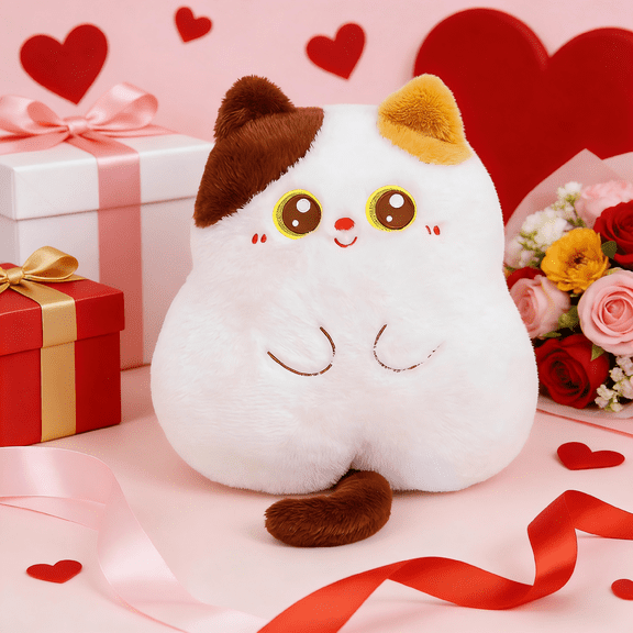 Chubby fluffy cat plush toy, cute kitten plush toy, soft plush toy, toy pillow, children's gift, white, 14 inches, perfect for a girlfriend's Valentine's Day gift
