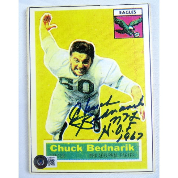 Chuck Bednarik Signed Autograph Card Reprint Photo Eagles HOF 1967 BAS BJ080050