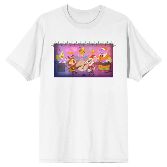 Chuck E Cheese Chirstmas Holiday Character Music Playing Party Men's White Crew Neck Short Sleeve T-shirt-Small