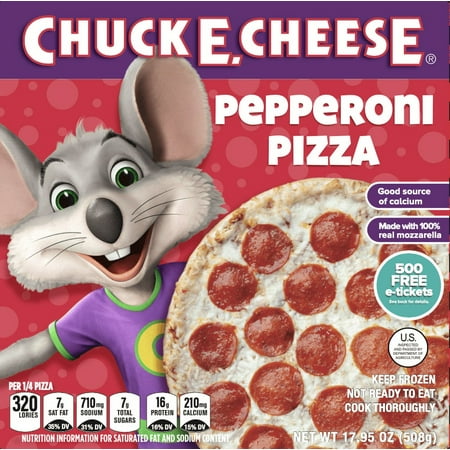 Chuck E. Cheese Frozen Pepperoni Pizza Made with Tomato Basil Garlic Sauce and 100% Real Mozzarella!