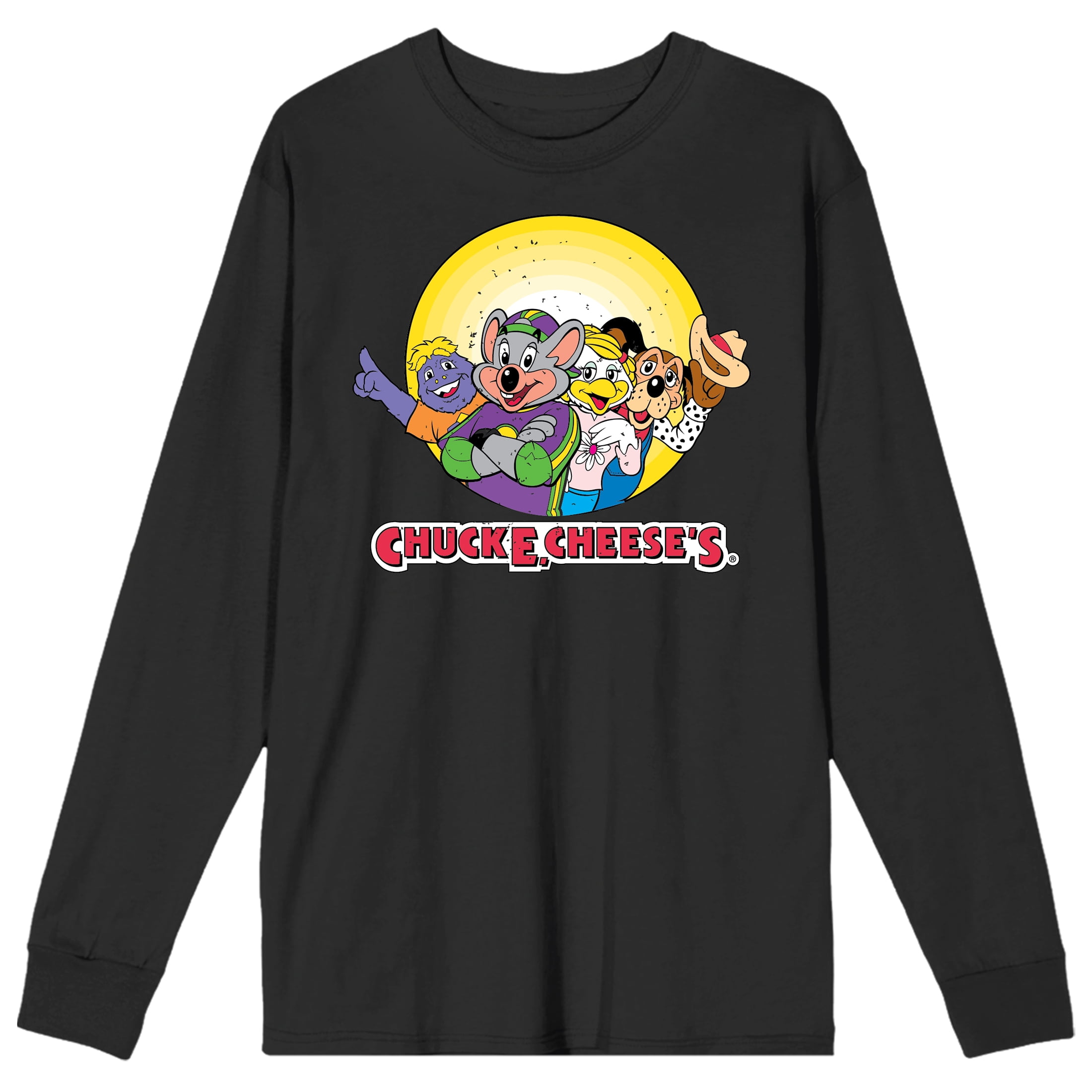 Chuck E. Cheese Mascot Group Shot Crew Neck Long Sleeve Unisex Black Tee XS Walmart