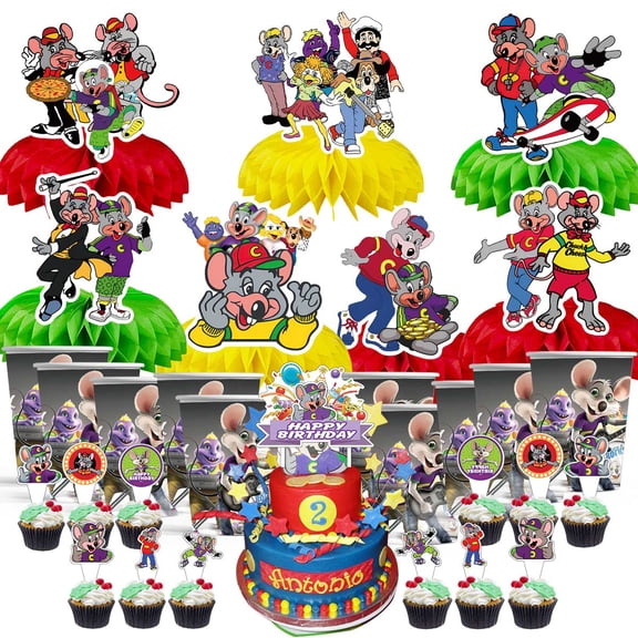 Chuck e Cheese Party Supplies Decor Cups Fans Decorations Honeycomb Centerpieces Cake Toppers