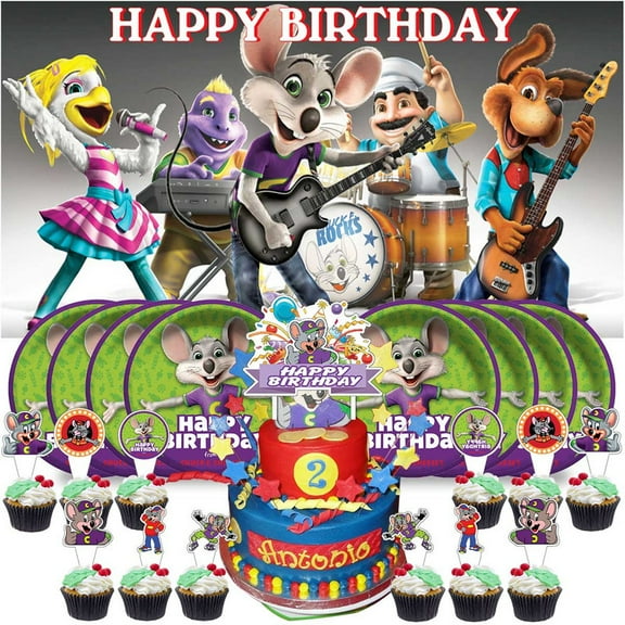 Chuck e Cheese Plates Birthday Supplies Decorations Decor Backdrop Banner Cake Topper Fans
