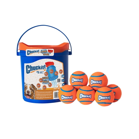 Chuckit! Bucket with Tennis Dog Balls Fetch Toy for Dogs, Comes with 8-Pack Medium 2.5" Tennis Balls for Easy Carry and Clean