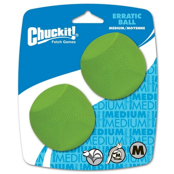 Chuckit! Erratic Rubber Ball Fetch Dog Toy, Medium (2.5") for Medium Dogs 20-60 lb, Pack of 2, Green