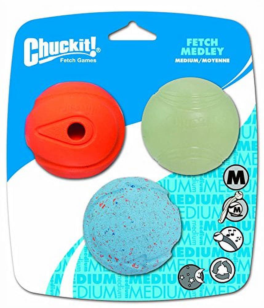 Chuckit Fetch Medley Dog Ball Dog Toys, Medium (2.5 Inch) Pack of 3, for Medium Breeds, Includes Whistler, Max Glow and Rebounce Balls - image 1 of 8