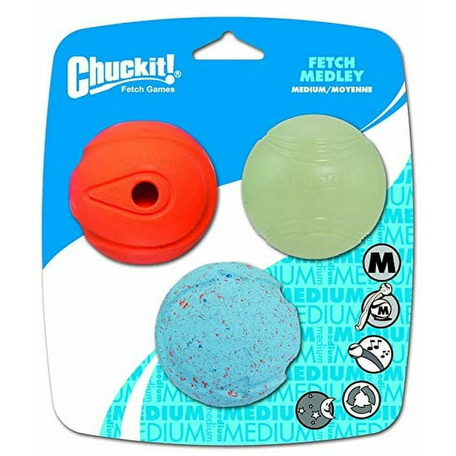 Chuckit Fetch Medley Dog Ball Dog Toys, Medium (2.5 Inch) Pack of 3, for Medium Breeds, Includes Whistler, Max Glow and Rebounce Balls