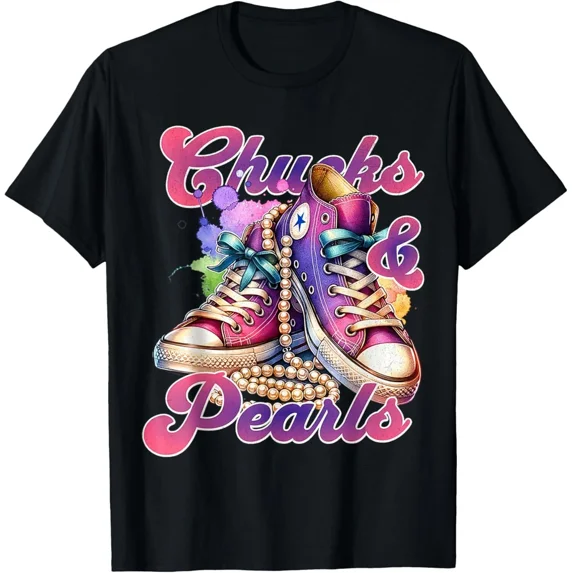Chucks And Pearls I'M With Her Political Figure Graphic Unisex T-Shirt, up to Size 5XL
