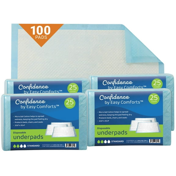 Confidence Chucks Disposable Underpads, Super Absorbent Protective Bed Pads for Seniors, Case of 100, by Easy Comforts