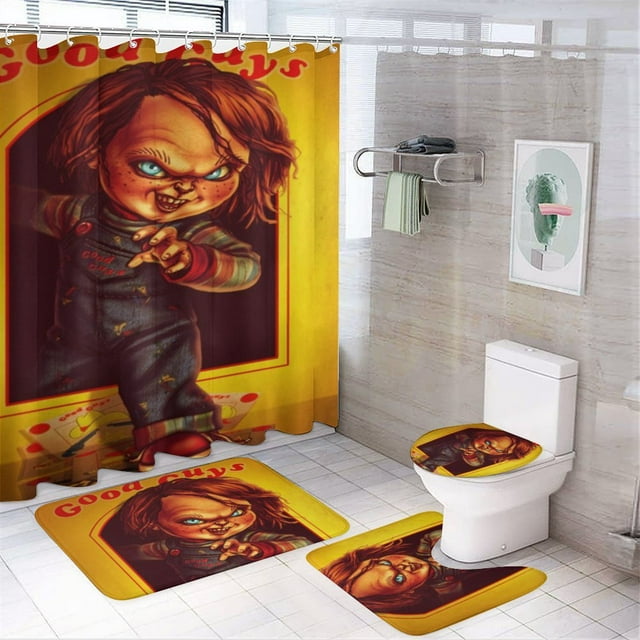Chucky 4 Piece Horror Shower Curtain Set with Non-Slip Rugs, Toilet Lid Cover and Bath Mat, Waterproof Shower Curtains With 12 Hooks, Bathroom Home Decor Sets 72" X 72"