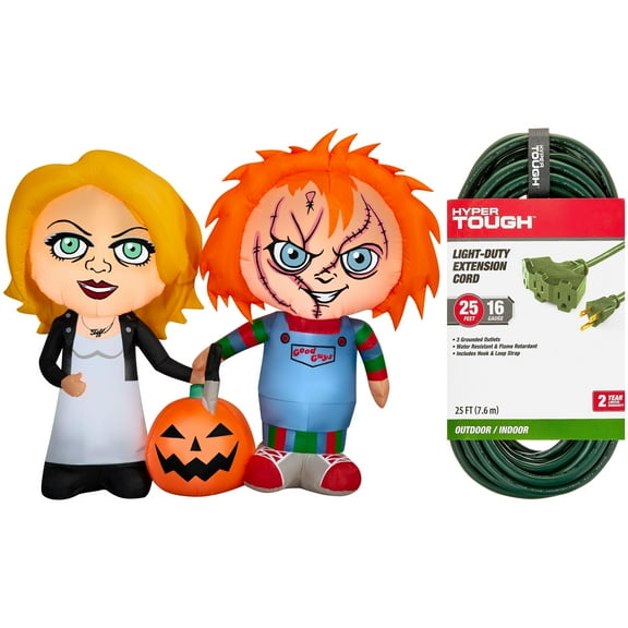 Chucky & Bride with Pumpkin Yard Inflatable + Hyper Tough 25FT Tri-Outlet Outdoor Extension Cord