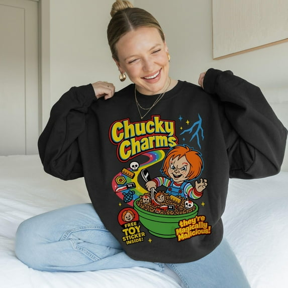 Chucky Charms Sweater,They're Magically Malicious, Spooky Season Horror Movie Shirt, Funny Horror Fan Halloween Sweatshirt,Black Color,Size L