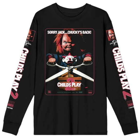 Chucky Child's Play 2 VHS Cover Art Crew Neck Long Sleeve Men's Black Tee-Medium