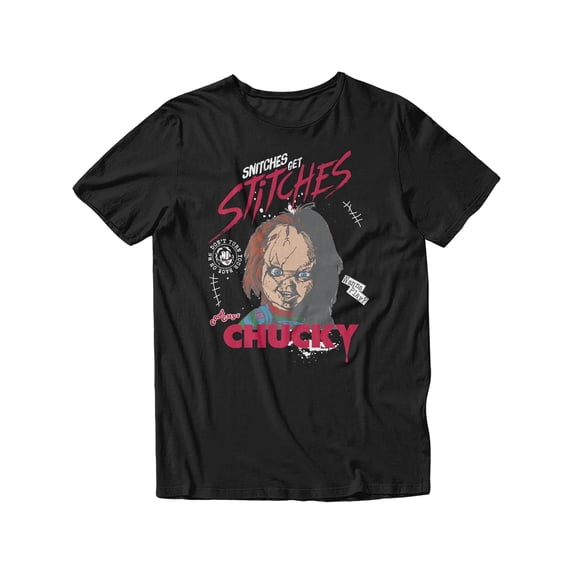Chucky Child's Play Snitches Get Stiches Graphic Short Sleeve T-Shirt for Men (Black, S-XXL)