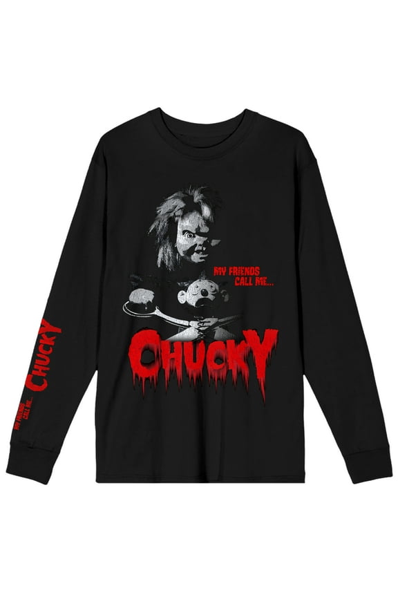 Chucky Classic Horror Movie Mens Black Long Sleeve Graphic Tee-3XL