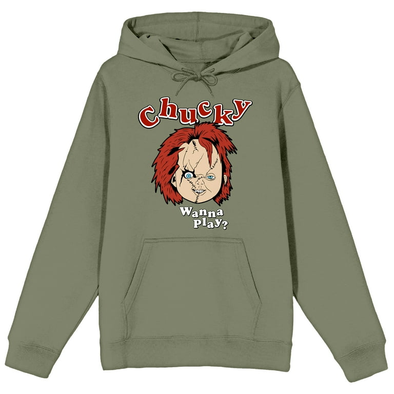 Chucky Face Wanna Play Long Sleeve Olive Men s Hooded Sweatshirt Small