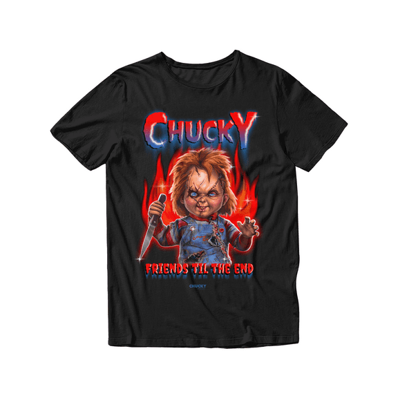 Chucky Friends Till the End Fire Unisex Adult Short Sleeve T-Shirt (Black, S-2XL)
