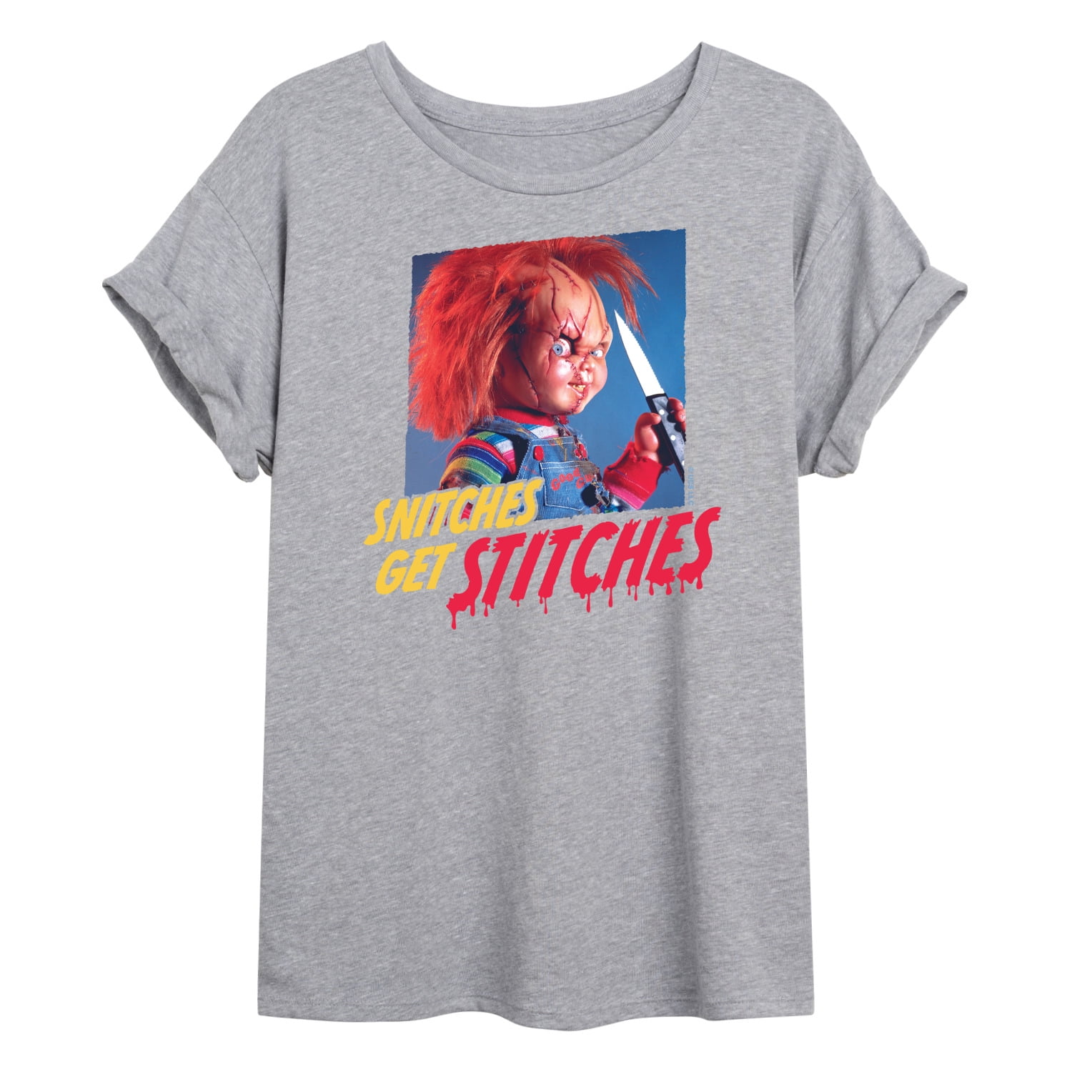 Chucky Halloween Snitches Get Stitches Juniors Ideal Flowy Muscle